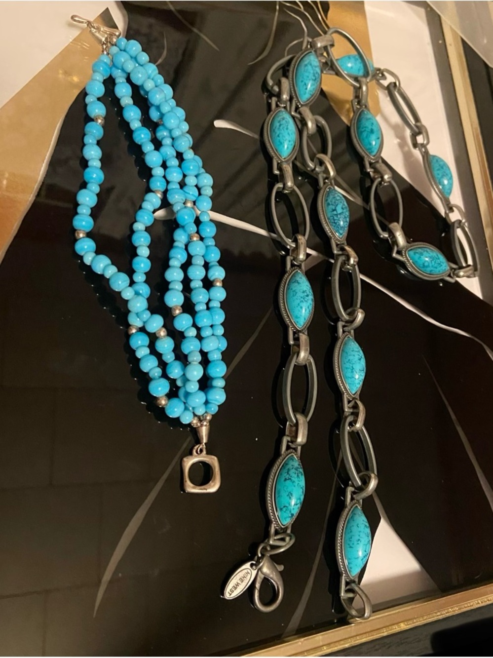 36 Inch Nine West Chain Belt & 8 Inch Turquoise color Glass Bead Bracelet #123